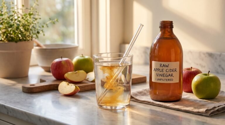Vaso de agua con vinagre de sidra de manzana y pajita para mejorar la digestión.