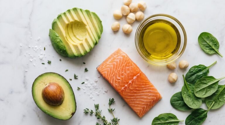Ingredientes frescos de la dieta keto limpia como salmón, aguacate y aceite de oliva para sanar el metabolismo