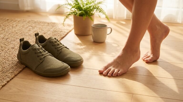 Pies descalzos junto a zapatillas barefoot de transición para evitar dolor y juanetes