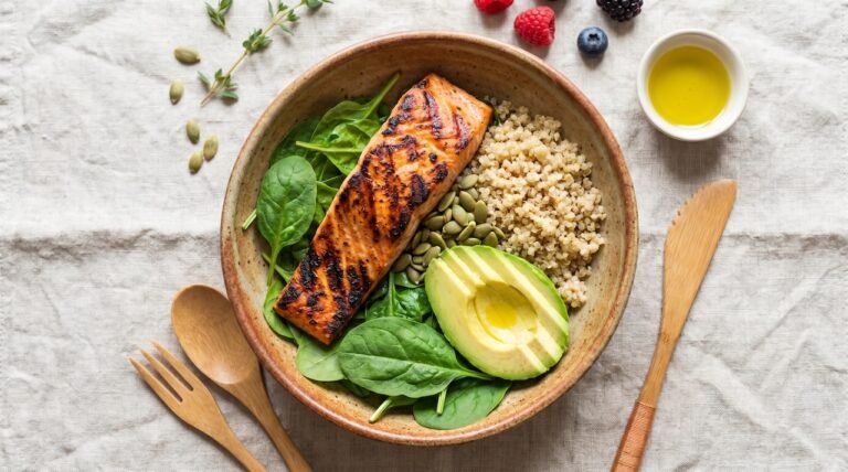 Plato de comida antiinflamatoria con salmón y aguacate, ideal para menú semanal de Síndrome de Ovario Poliquístico (SOP)